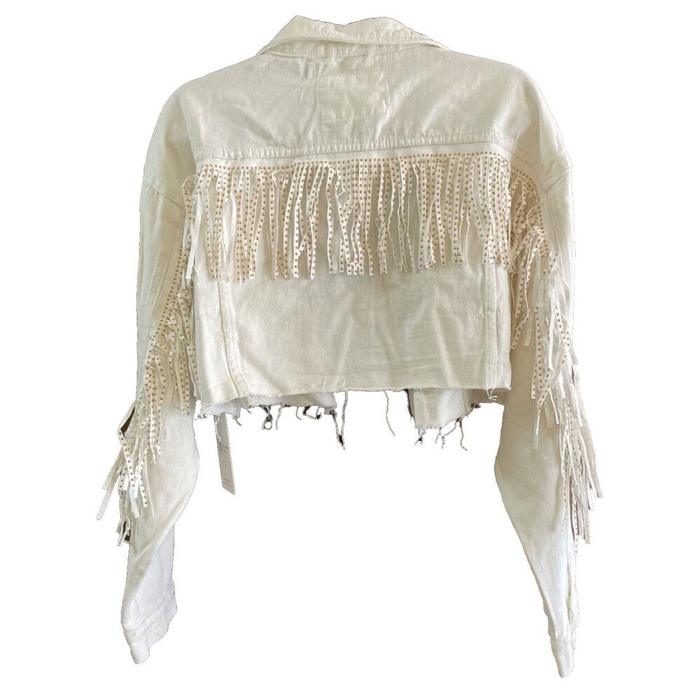 NWT Bazi Women's Western Fringe Trim Long Sleeve Denim Jacket White XL